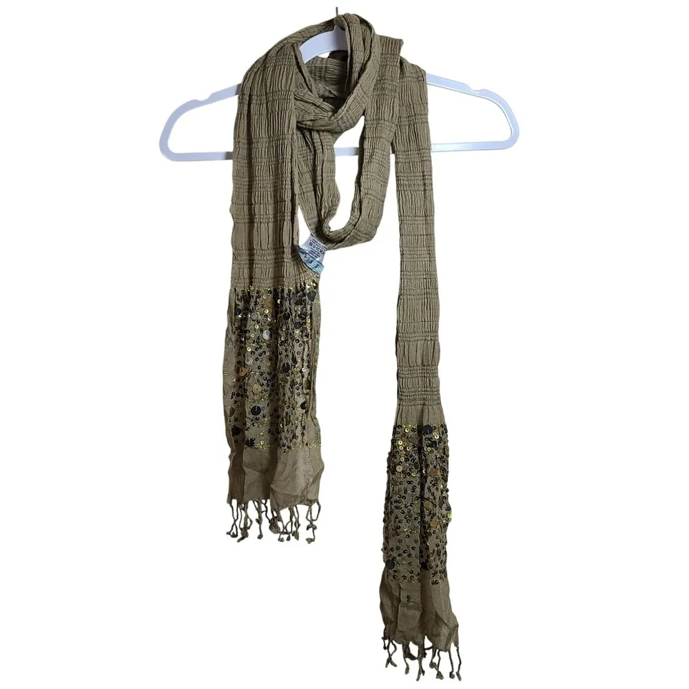 JIGSAW Stone Brown Wool Blend Scarf Fringe Sequins Gypsy Festival Global Artisan